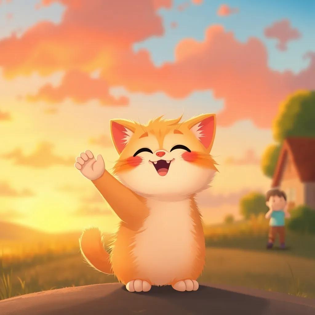 Mيمي, a small cat with fluffy orange fur, waving goodbye to children at sunset, colorful sky, joyful expressions, loving atmosphere, illustration, heartwarming mood