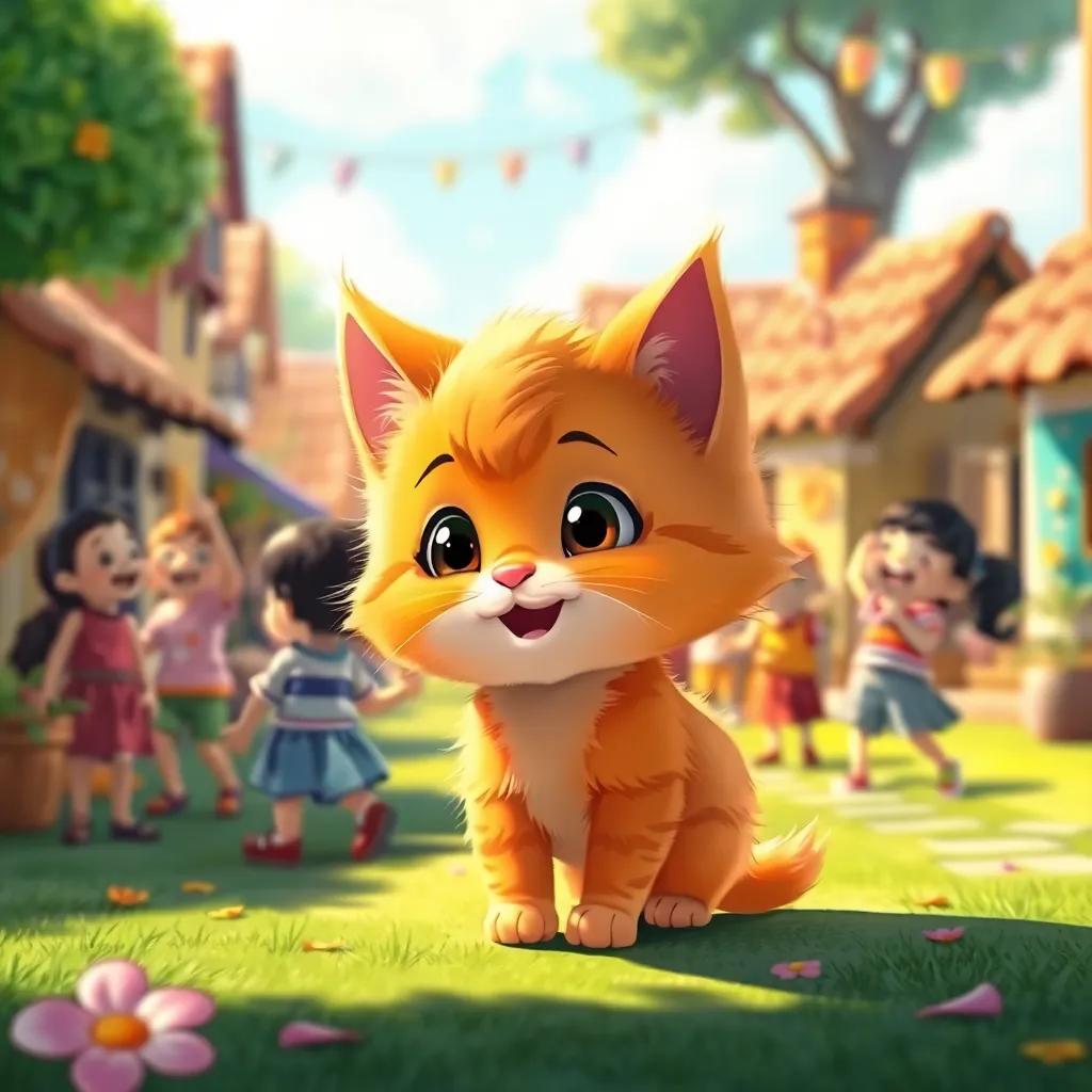 ميمي, a small cat with fluffy orange fur, in a village with children playing, laughter and joy everywhere, bright colors, sweet and charming scene, digital art, high quality