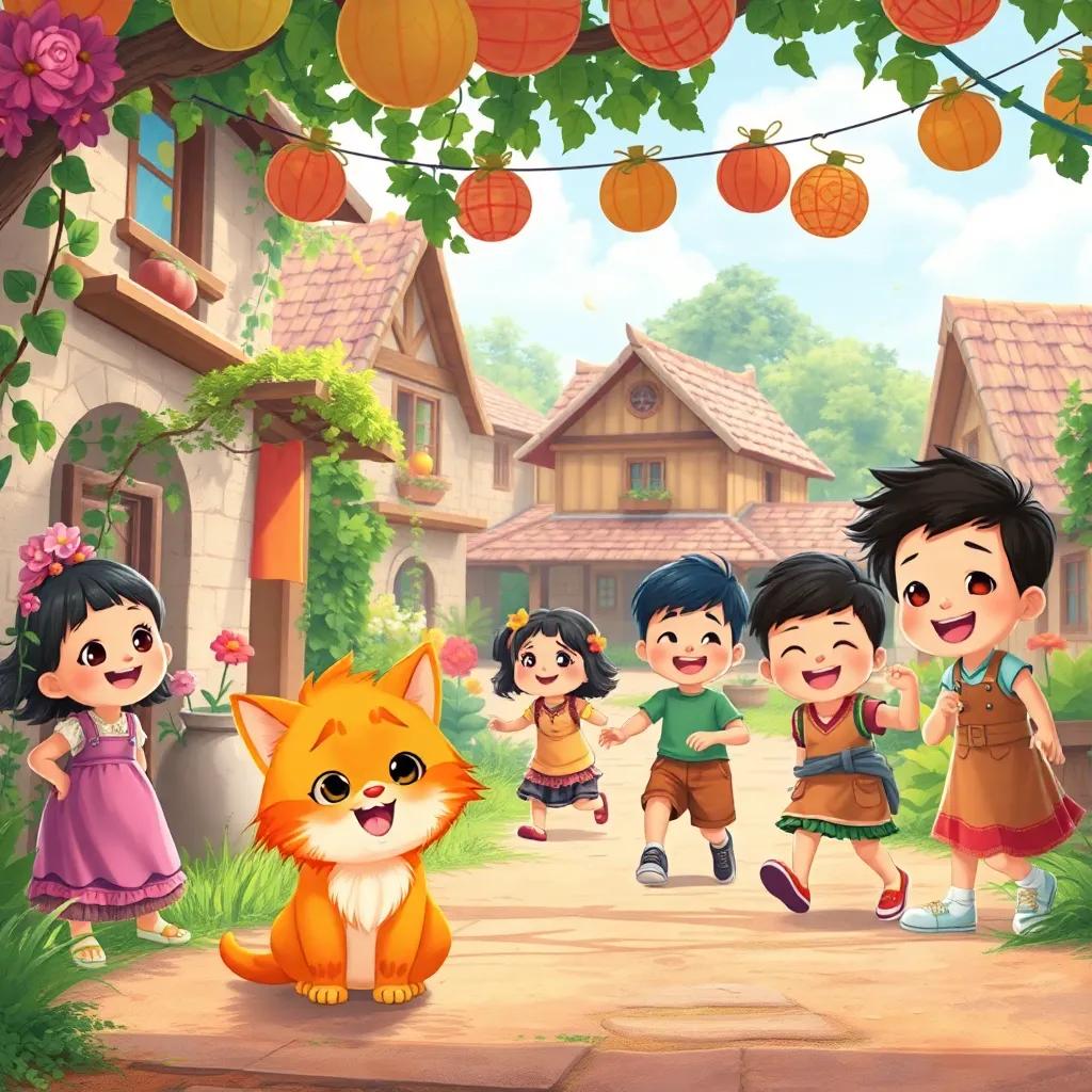 A village scene with ميمي, a small cat with fluffy orange fur, and joyful children playing together, lively atmosphere, colorful and vibrant, heartwarming scene, illustration, engaging setting