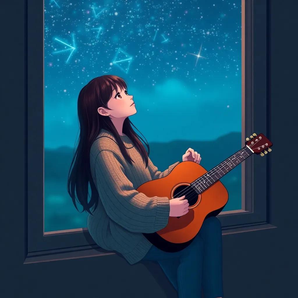 A young girl, Sara, with long, dark hair, wearing a cozy sweater, sitting on a windowsill at night, holding her guitar, looking up at the stars, digital art, warm colors, tranquil atmosphere, high quality