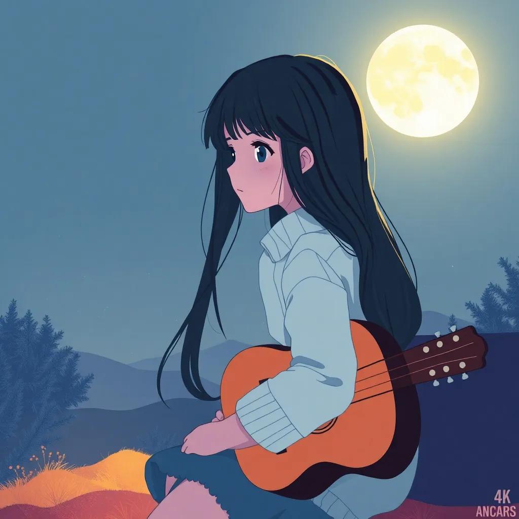 Sara, a young girl with long, dark hair, in a cozy sweater, sitting beside her guitar, lost in thought while looking out at the glowing full moon, illustration, dreamy, reflective mood, child-friendly