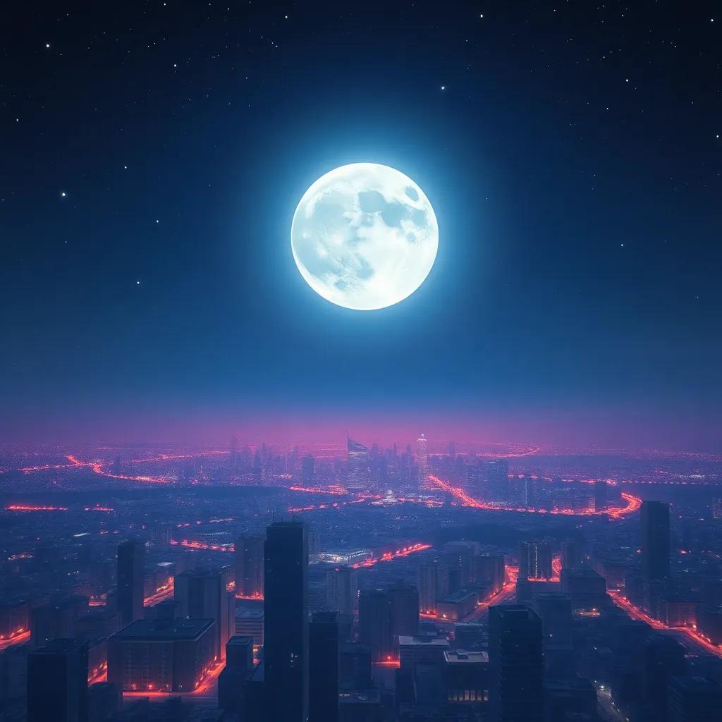 A radiant full moon shining brightly in a clear night sky, illuminating the city with a silver glow, surrounded by sparkling stars, digital painting, magical, uplifting, serene