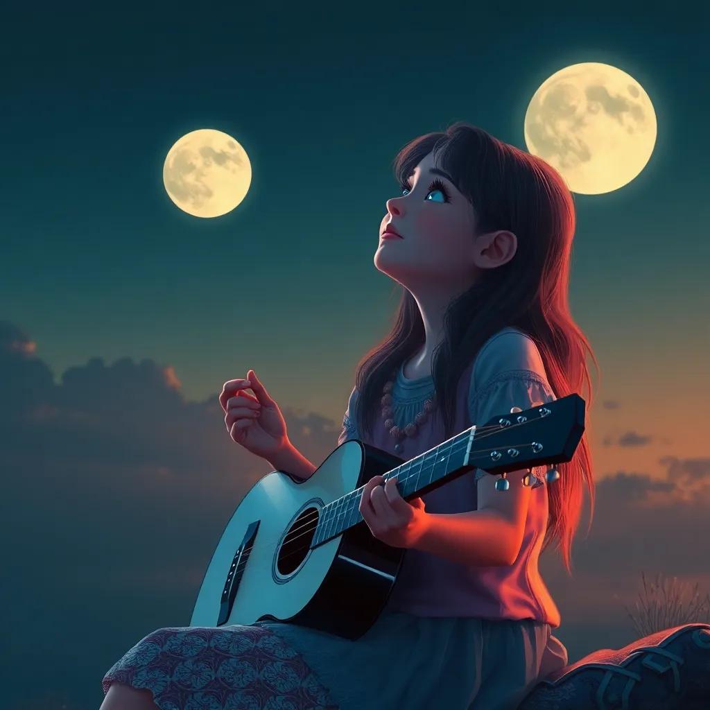 Sara, a young girl, looking up at the full moon, her guitar resting on her lap, with a questioning expression, deep in thought, serene ambience, soft colors, storytelling view, fantasy