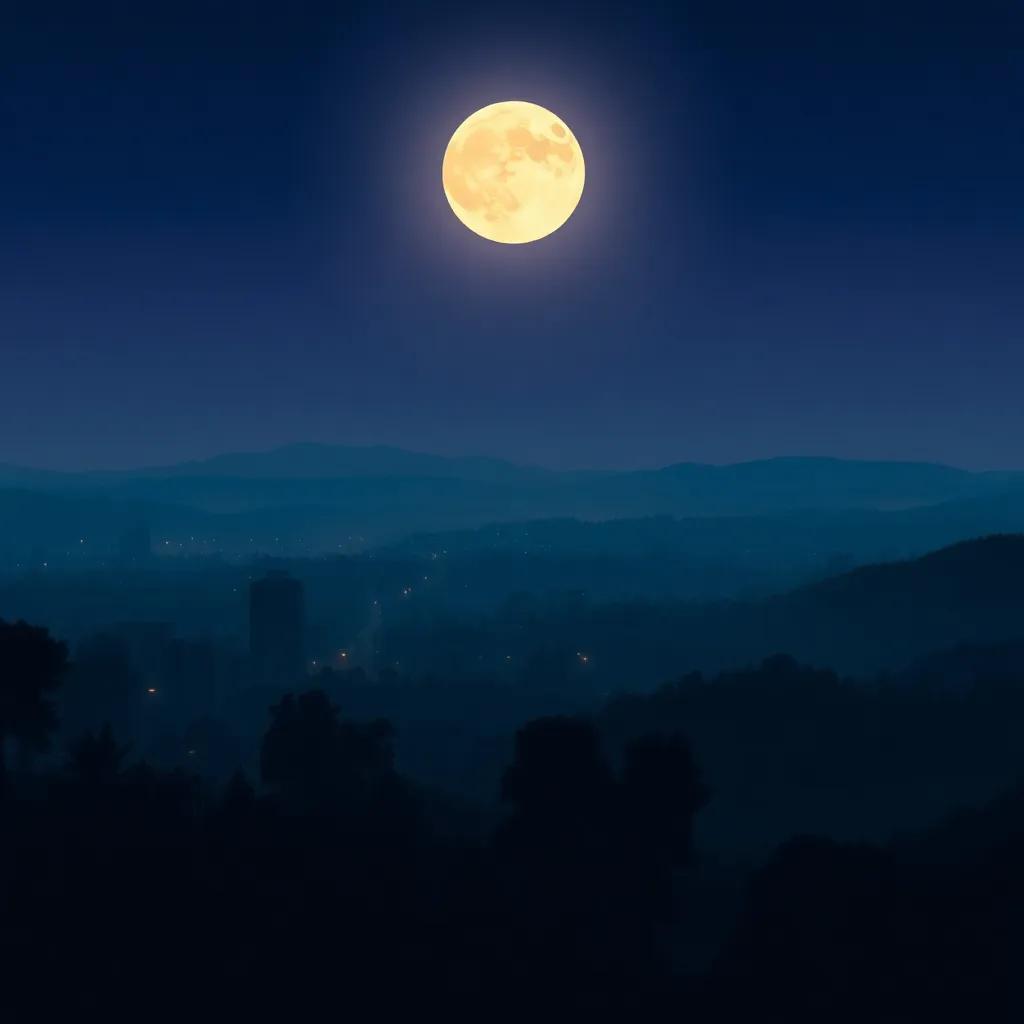 A beautiful landscape of the city at night under the light of the full moon, showing a peaceful scene with silhouettes of buildings and trees, digital art, calm and inviting, high quality