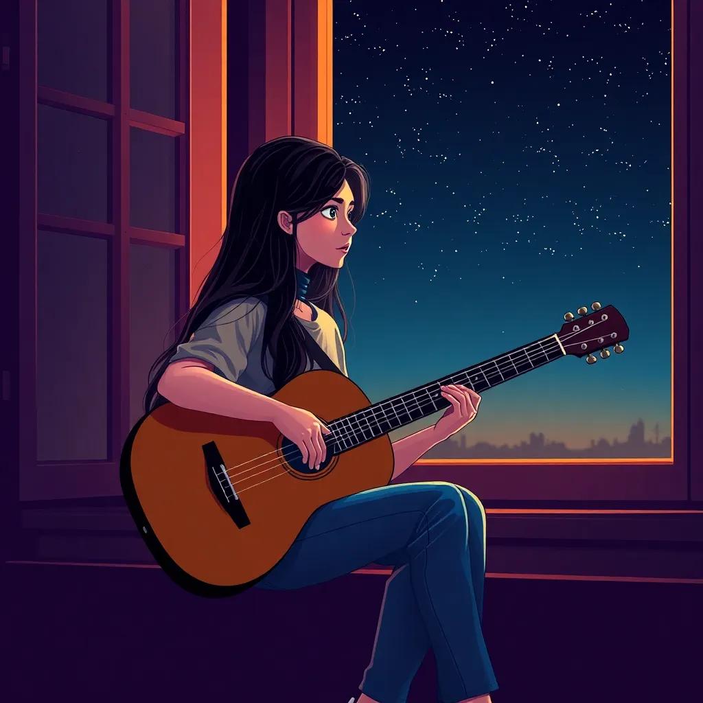 A young Arab girl, with long dark hair, wearing a simple shirt and jeans, sitting at a window with a guitar, looking very thoughtful, under a starry night, digital art, warm colors, cozy atmosphere, high quality