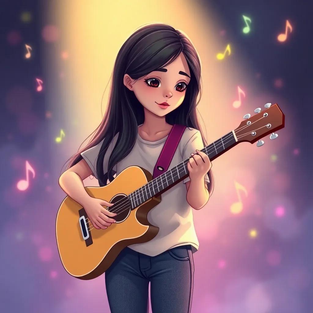 A young Arab girl, with long dark hair, wearing a simple shirt and jeans, playing her guitar, surrounded by soft waves of music notes, illustration, magical ambiance, colorful tunes, child-friendly