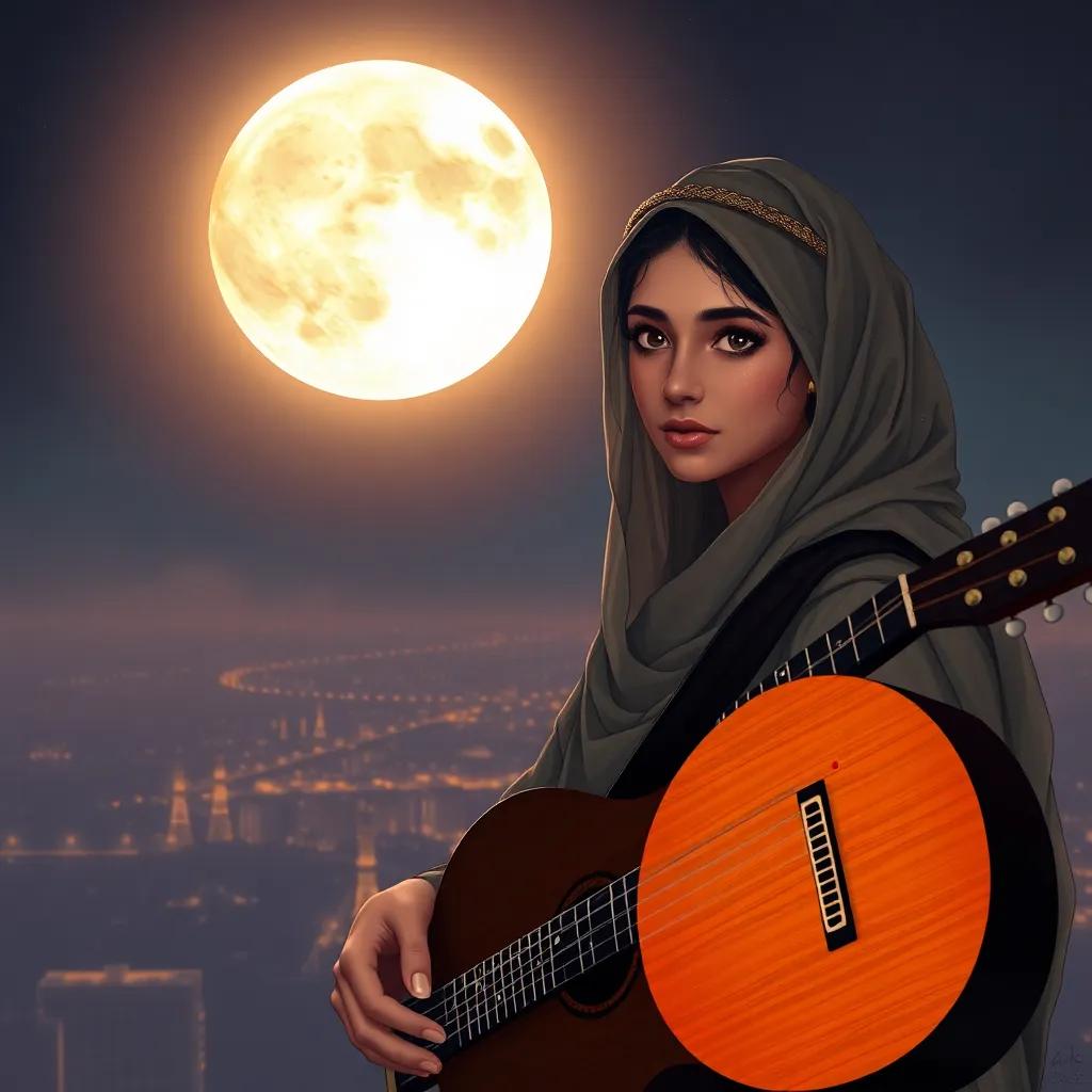 A bright full moon shining down on the city, with a young Arab girl, her guitar beside her, showing a sense of solitude, digital art, calm and serene, with a city backdrop, high detail