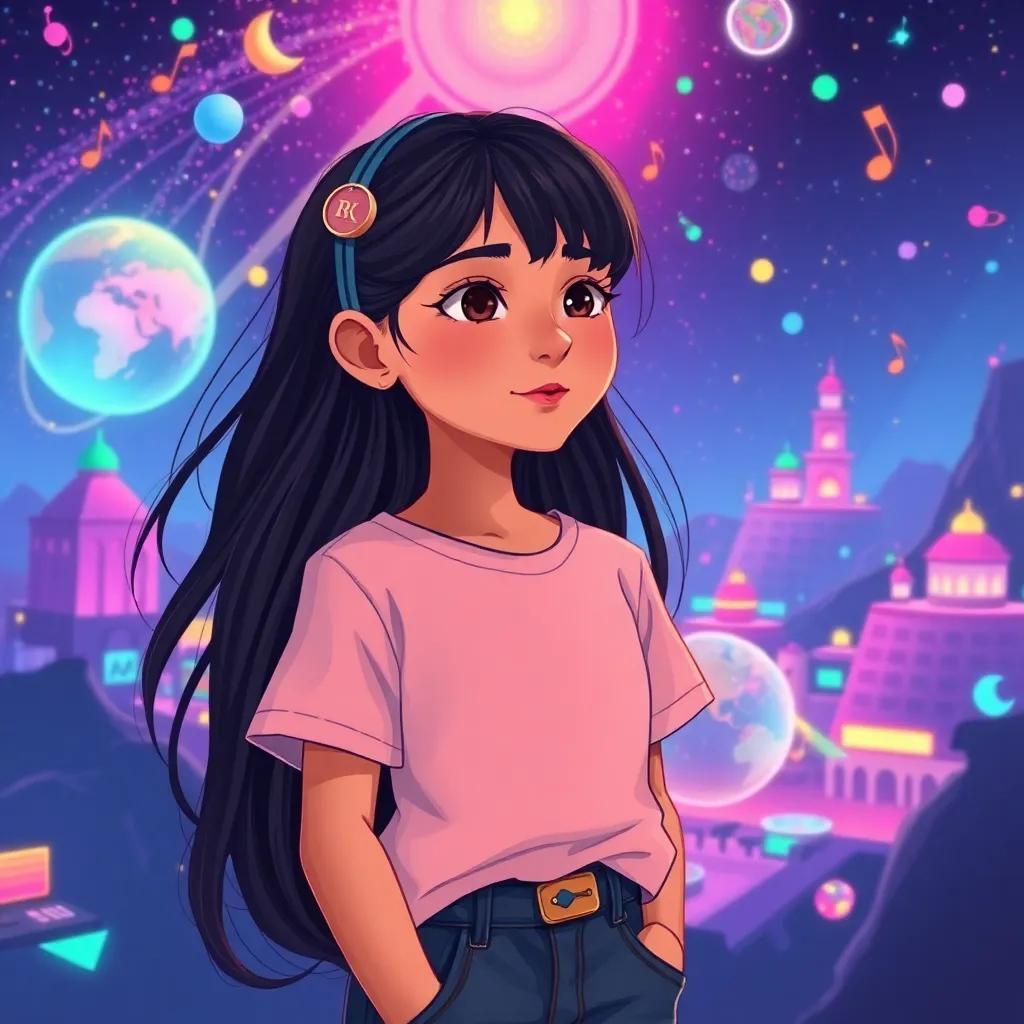 A young Arab girl, with long dark hair, wearing a simple shirt and jeans, imagining a world filled with music and colors, vibrant illustrations, dream-like scenery, colorful myriad