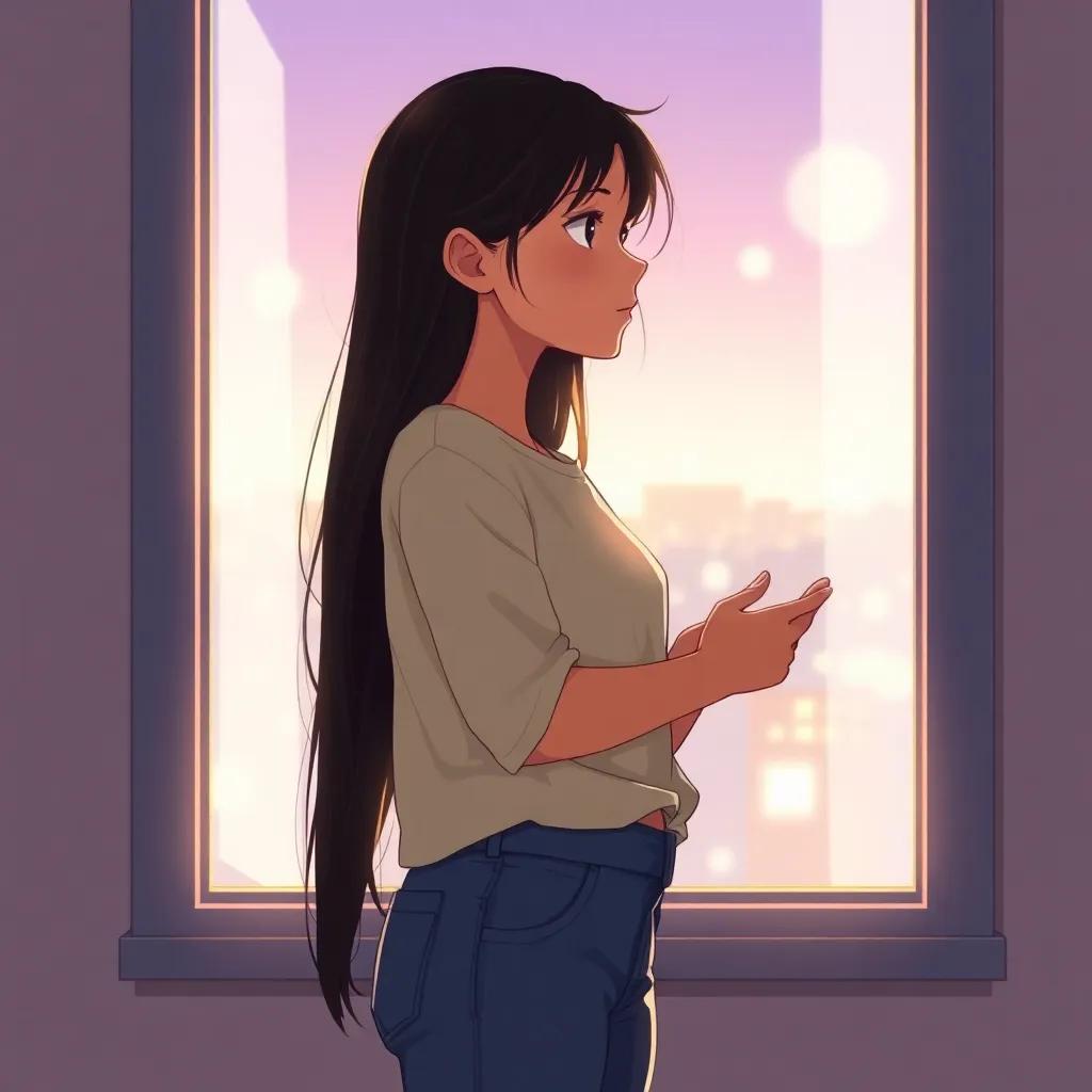 An illustration of a young Arab girl, with long dark hair, wearing a simple shirt and jeans, lost in music while looking out the window, digital art, heartwarming, soft glows surrounding her, high quality