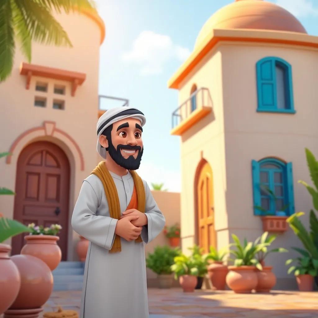 A beautiful house, with Juhu, a middle-aged Arab man, wearing traditional clothes, standing in front of the house, smiling and talking to a buyer, sunny day, vibrant colors, cheerful atmosphere, child-friendly, digital art