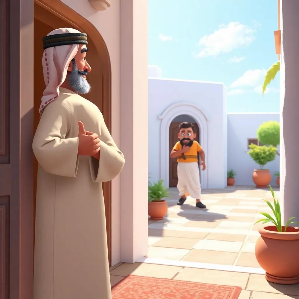 Juhu, a middle-aged Arab man in traditional clothes, knocking on the door of the house, the buyer opening the door looking surprised, bright sunlight, friendly vibes, colorful, engaging scene, digital painting