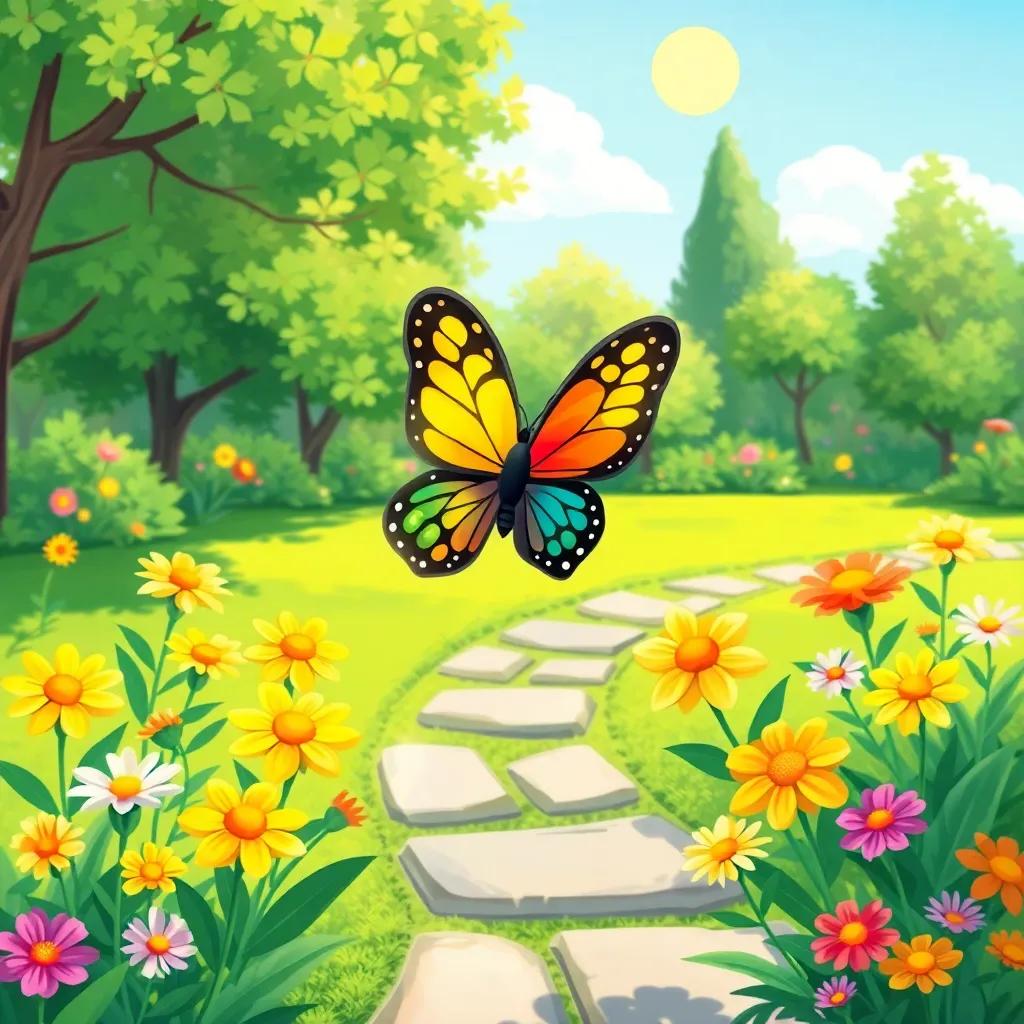 A colorful butterfly fluttering happily around bright flowers in a small green park, sunny day, cheerful atmosphere, digital art, vibrant colors, inviting scene, high quality