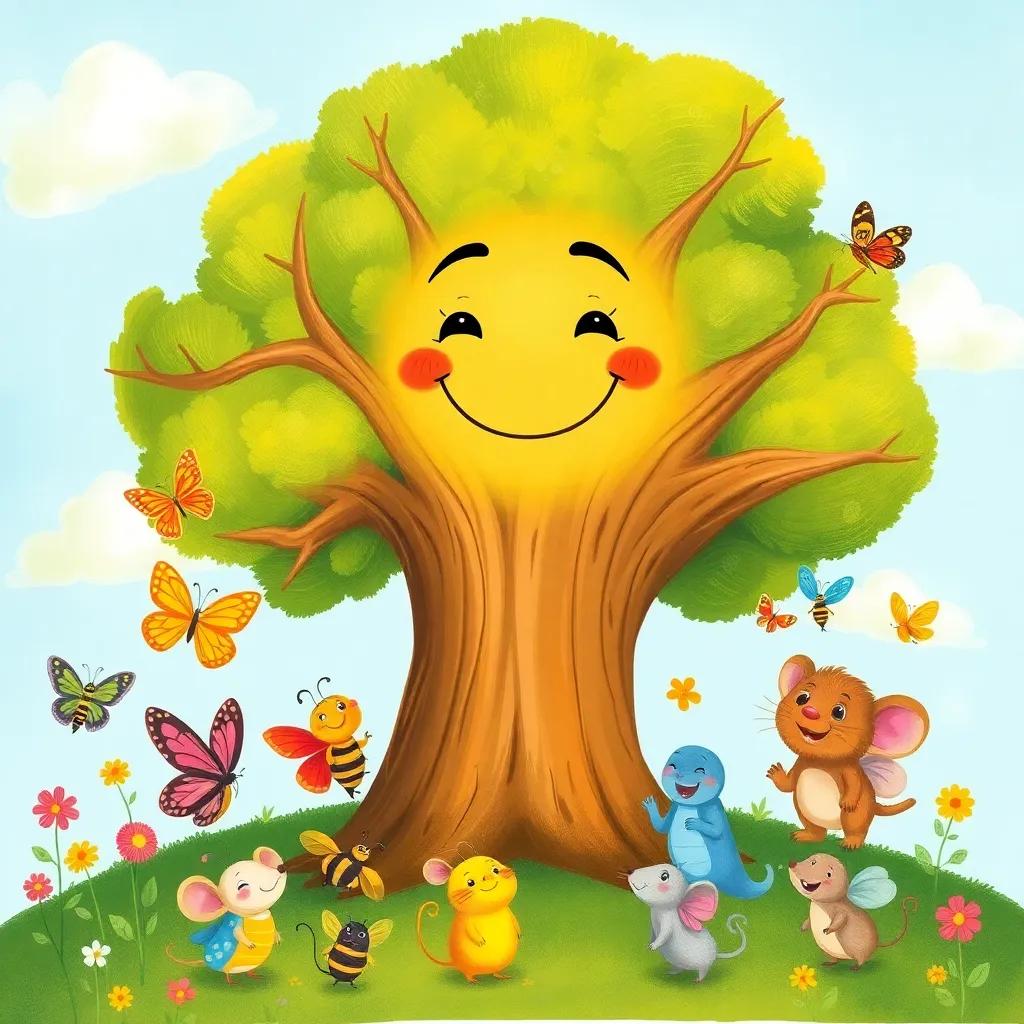 A big friendly tree smiling down at a group of happy creatures, colorful butterflies, active bees, and cheerful mice, bright sunshine, warm colors, detailed illustration, lively and child-friendly