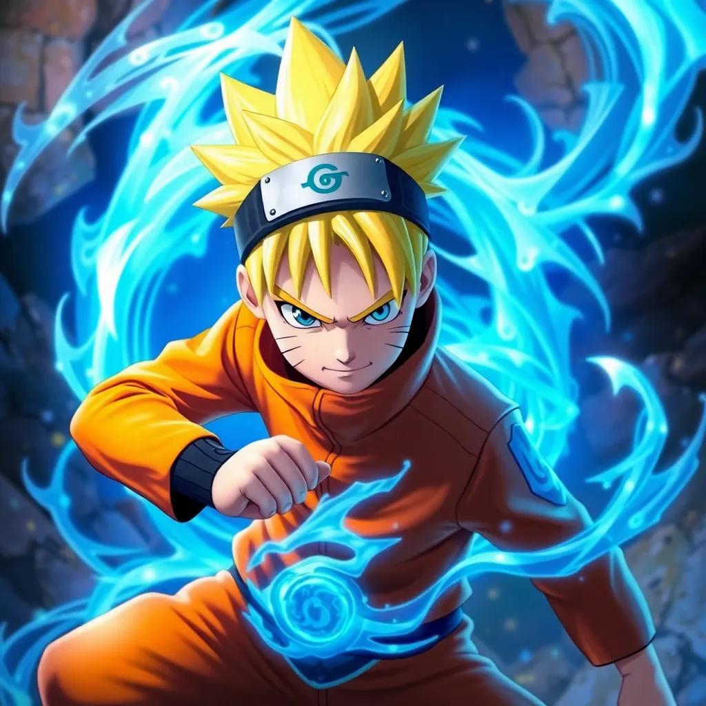 A brave ninja, Naruto, with spiky blonde hair, wearing an orange jumpsuit, surrounded by a swirling blue chakra energy, intense atmosphere, energetic colors, action-packed scene, vibrant