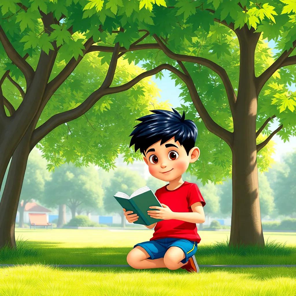 A smart boy, Nasser, with short black hair, wearing a red t-shirt and blue shorts, reading a book under a green tree in a sunny park, cheerful atmosphere, digital art, vibrant colors, engaging scenery, high quality