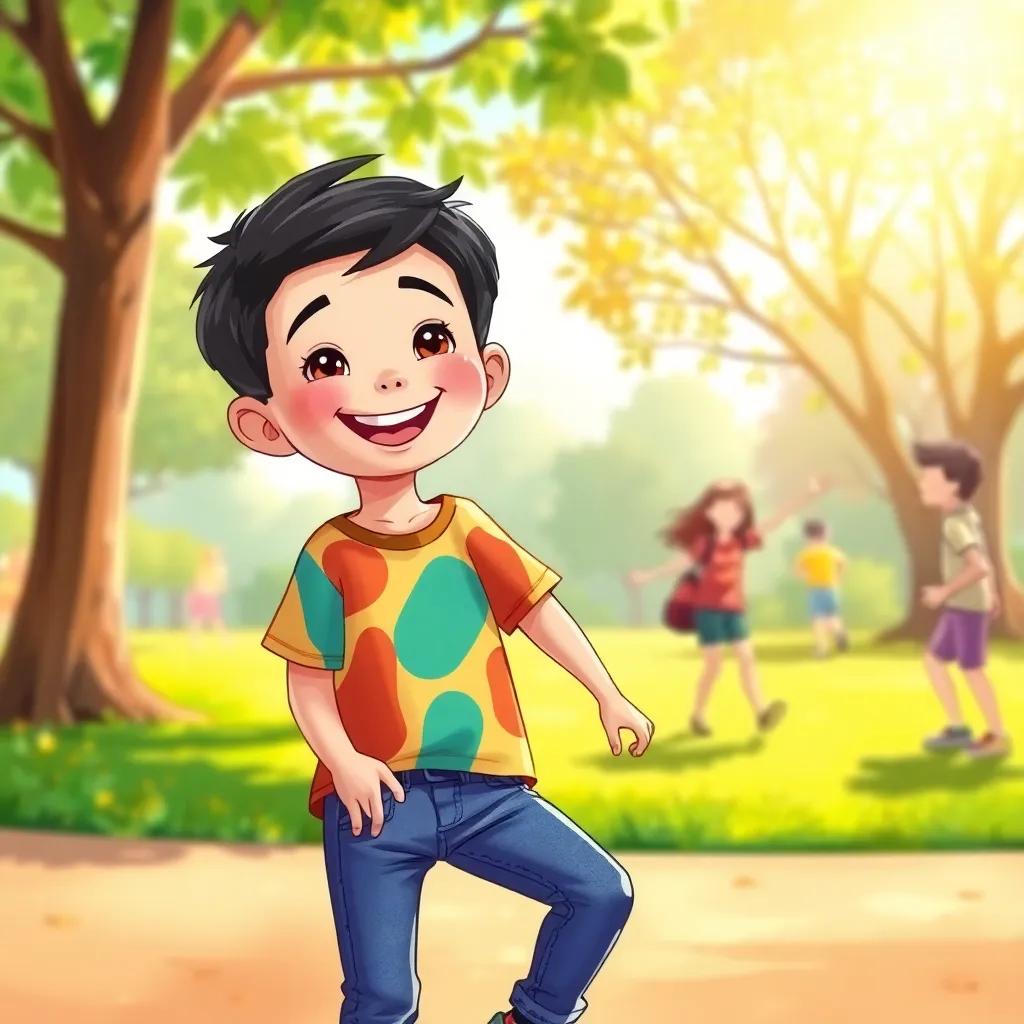 A kind boy, ناصر, with short dark hair, wearing a colorful t-shirt and jeans, smiling and playing with friends in a sunny park, cheerful atmosphere, digital art, vibrant colors, warm light, high quality