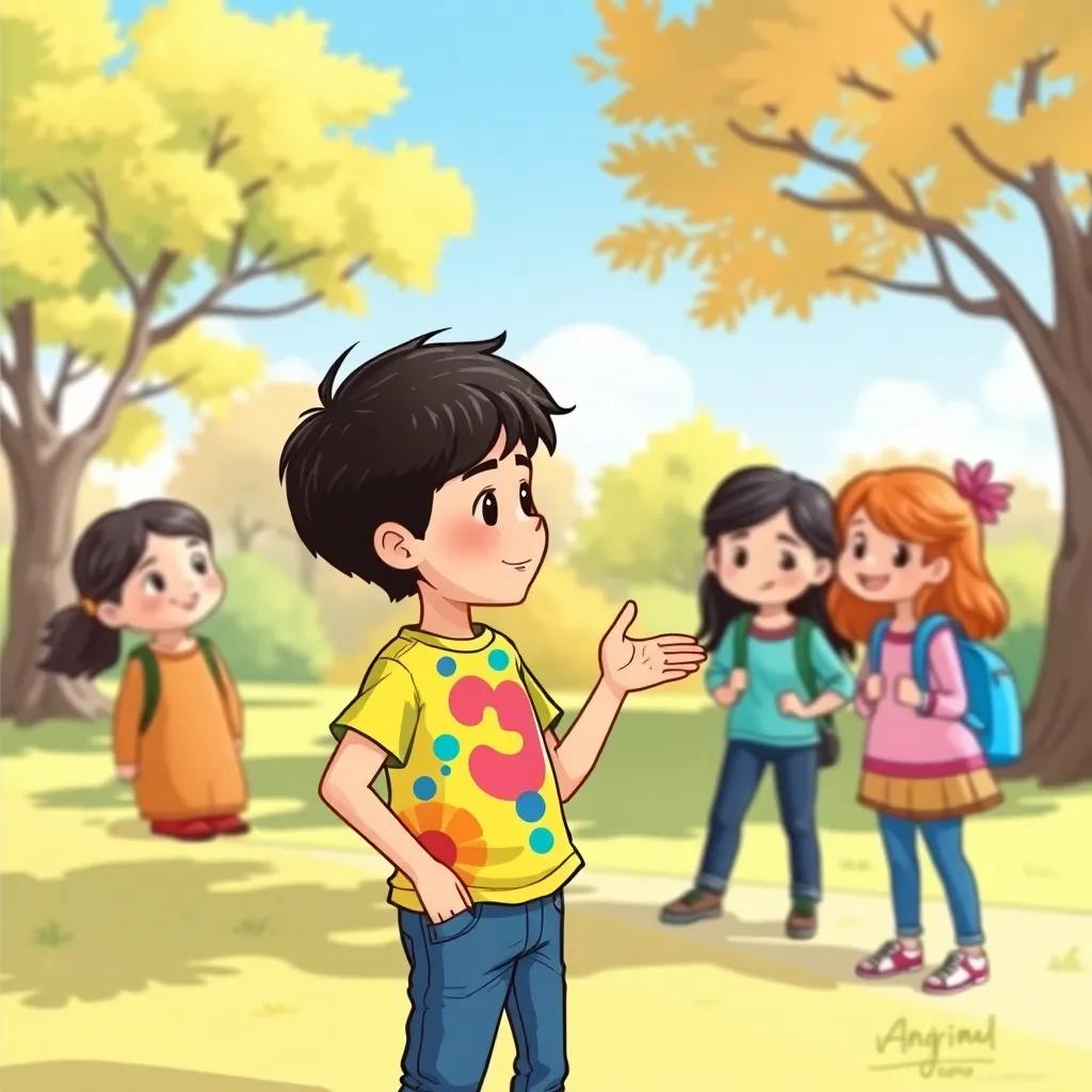 ناصر, a kind boy with short dark hair, wearing a colorful t-shirt and jeans, standing in the park explaining to his friends how to be kind to strangers, friendly faces, bright day, illustration, engaging scene, colorful