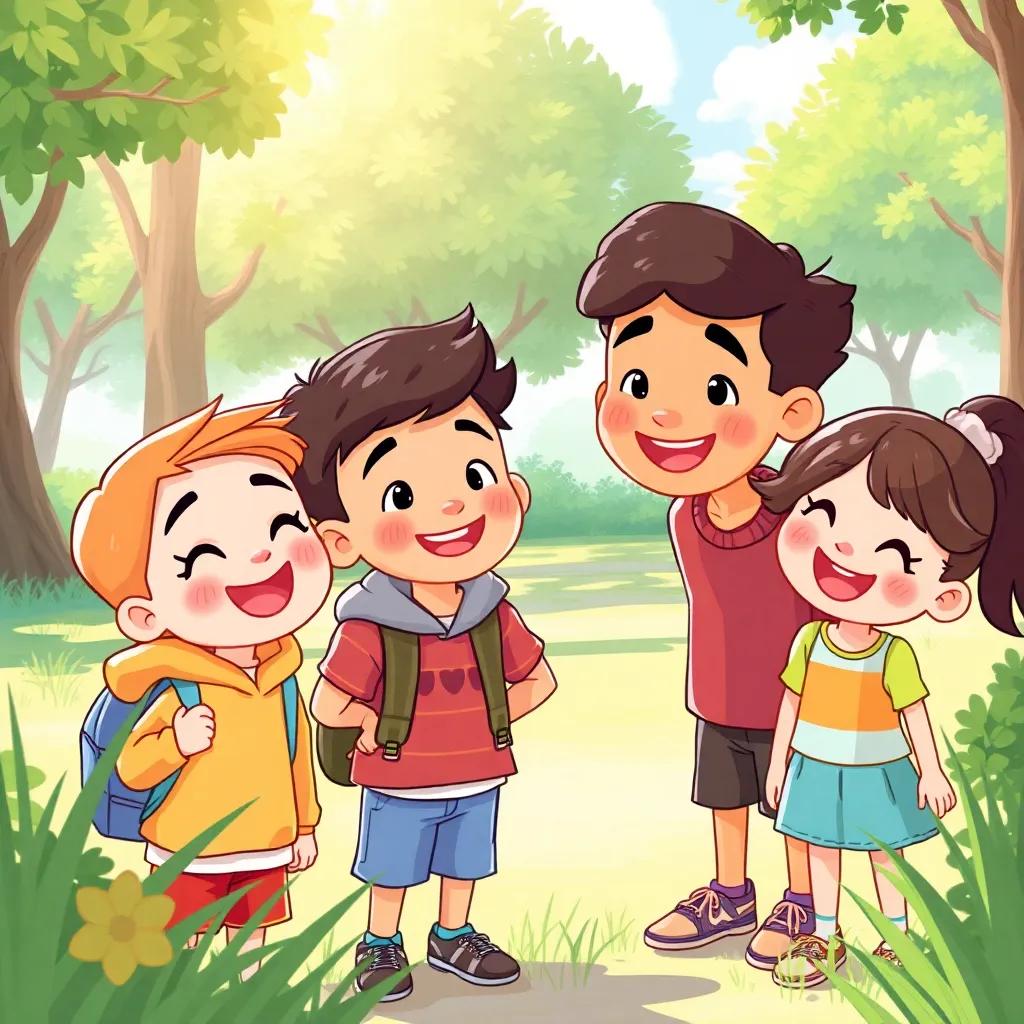 A scene showing ناصر and his friends smiling while meeting new kids in the park, happy expressions, colorful clothing, sunshine, joyous moment, digital art, lively environment, cheerful tones