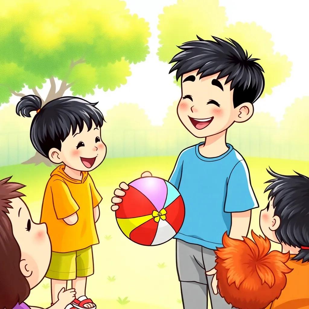 A friendly boy, ناصر, introducing himself to a new child with a colorful ball, surrounded by a group of kids, bright sunny park, laughter and joy, cheerful illustration, vivid colors, warm light