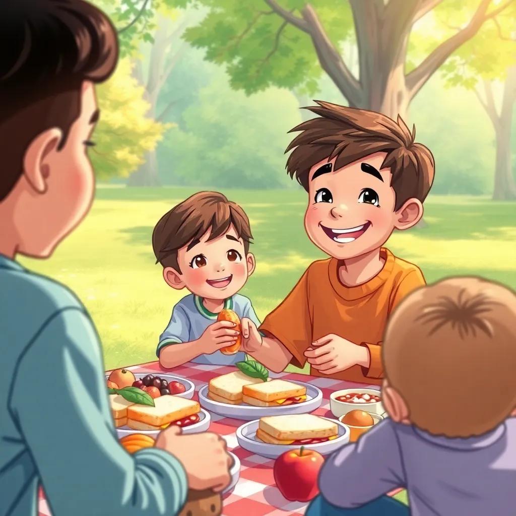 ناصر, a kind boy with a big smile, sharing food with new kids in the park, picnic spread with sandwiches and fruits, children enjoying together, warm and inviting atmosphere, detailed digital art, colorful