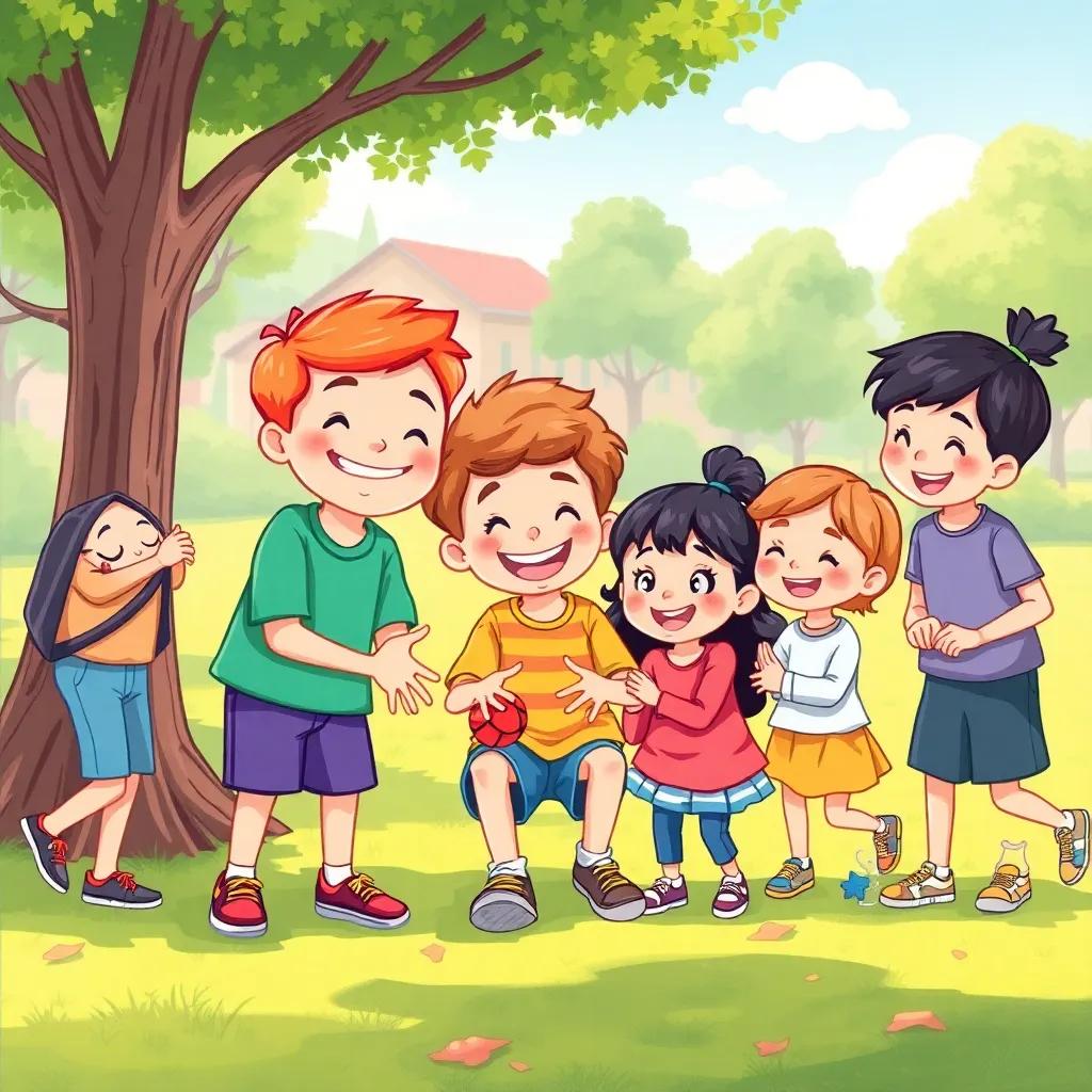 A group of children playing together in the park, ناصر smiling with his friends while they play games with new children, bright colors, joyful atmosphere, illustration, lively scene, high quality