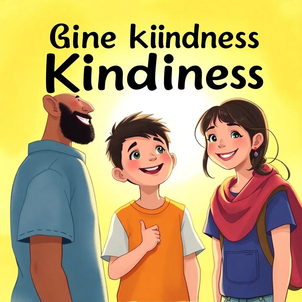 ناصر, a kind boy, demonstrating kindness to strangers with his friends, bright sun shining in the background, their happy faces, detailed digital painting, colorful, uplifting