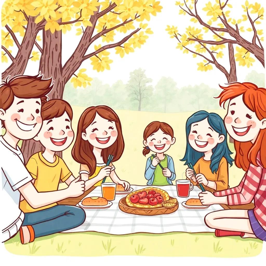 ناصر smiling while holding hands with new friends, enjoying a picnic in the park, everyone sharing food and smiles, warm atmosphere, cheerful illustration, vibrant