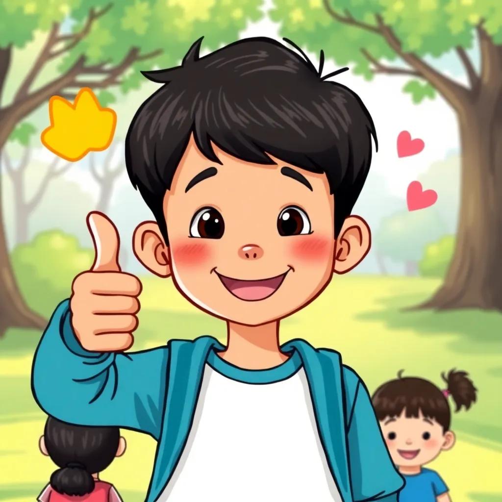 ناصر, a happy boy with short dark hair, giving a thumbs up to the kids, showing joy of friendship, park background, bright illustrations, friendly vibe, colorful