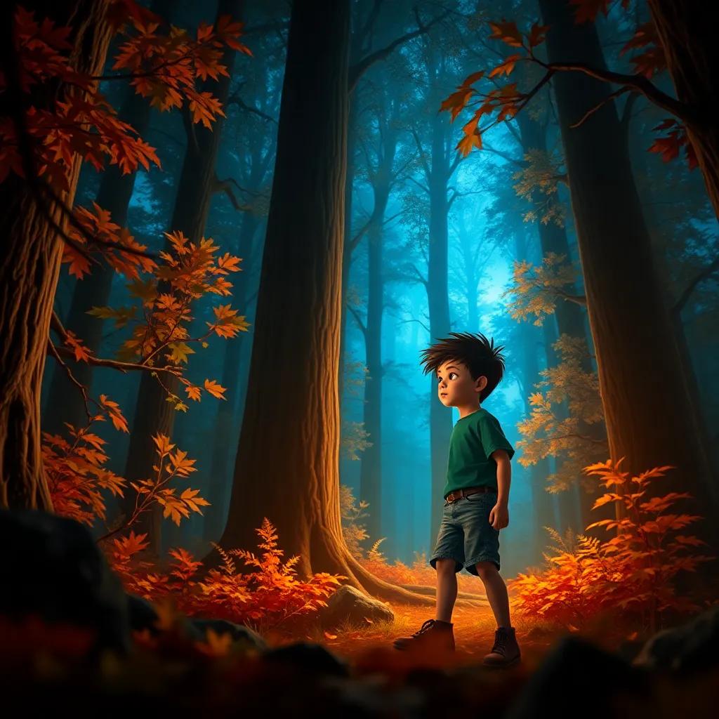 A brave young boy, Nasser, exploring a dark and spooky forest with towering trees, colorful leaves, and a bright blue sky peeking through, digital art, atmospheric lighting, warm colors, adventurous perspective, high quality