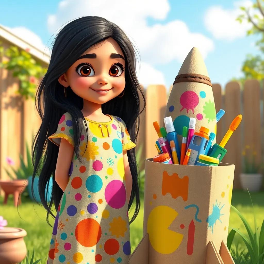 A young Arab girl, Naya, with long, dark hair, wearing a colorful dress, standing next to a cardboard rocket filled with colorful paints and art supplies, in her backyard, bright sunny day, cheerful atmosphere, vibrant colors