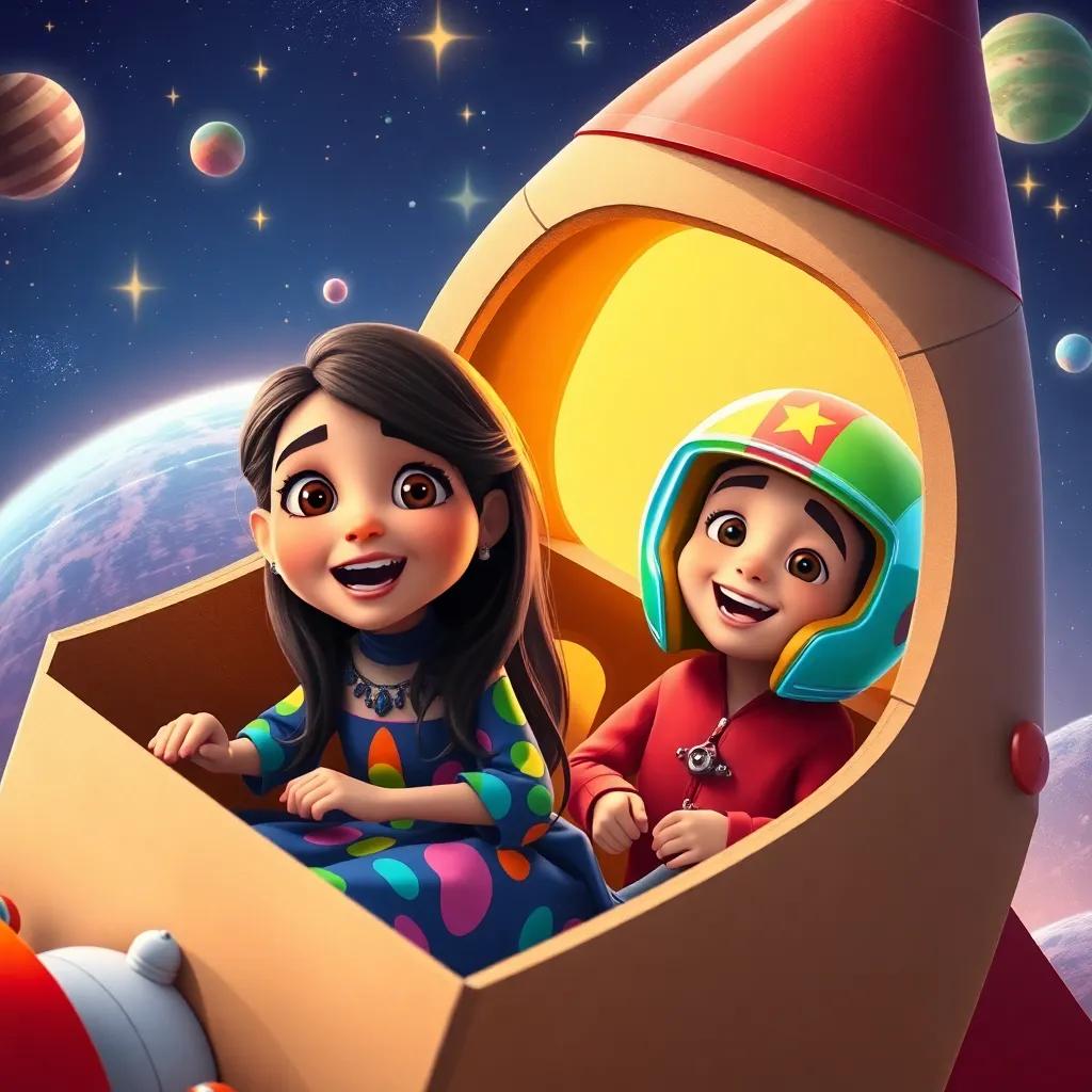 Naya, a young Arab girl, with long, dark hair in a colorful dress, inside a cardboard rocket with her friend Sami, both wearing colorful helmets, excited expressions, universe background with shining stars and planets, storytelling focus, imaginative and vibrant colors