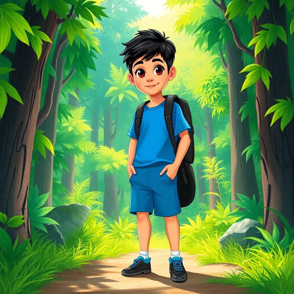 A smart boy, Nayef, with short black hair and bright eyes, wearing a blue t-shirt and shorts, standing at the entrance of a lush, green forest with a backpack in his hand, digital art, vibrant colors, bright atmosphere, lively scene, high quality