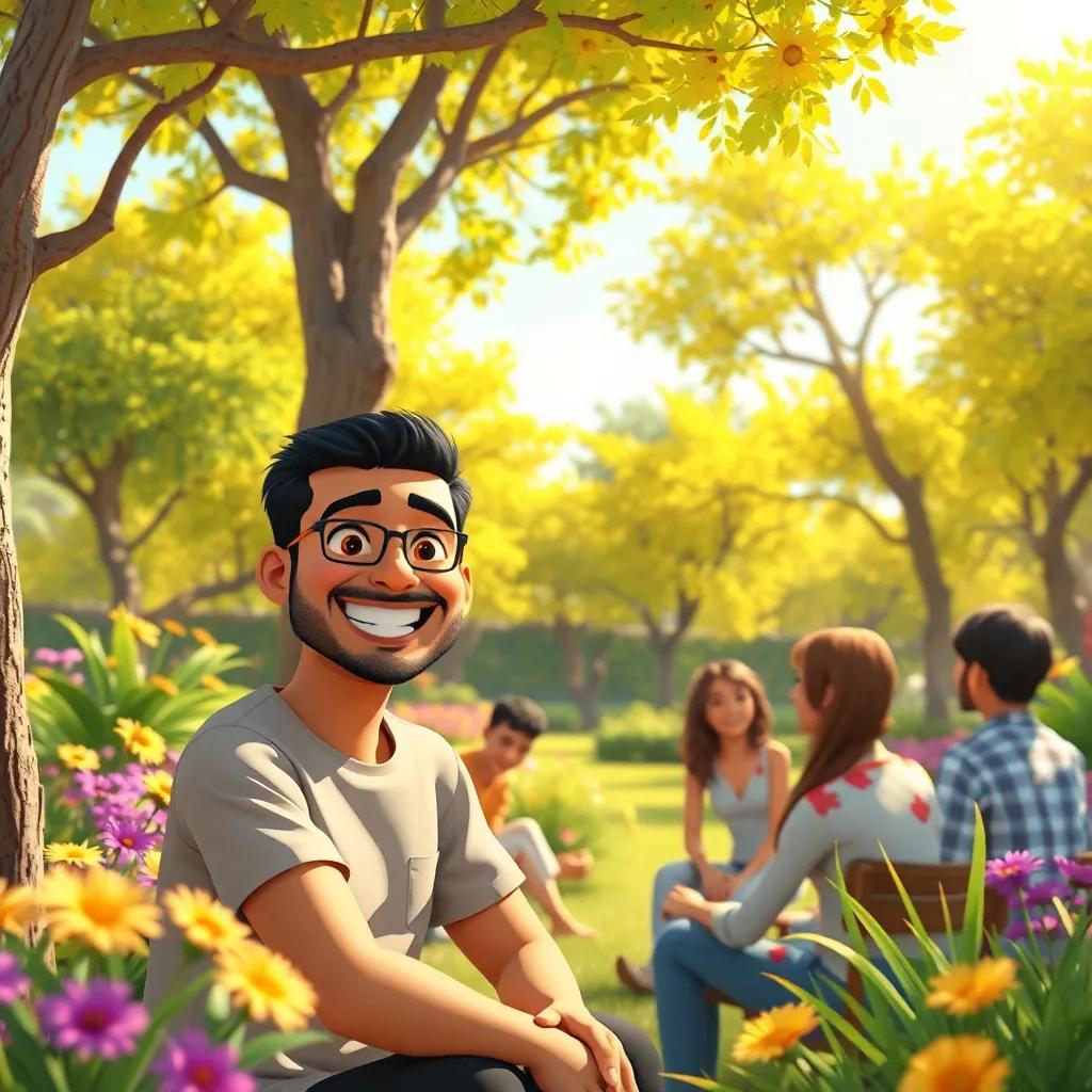 A sunny garden with trees and flowers, an engineer named Sami Al-Qudaimi, smiling and sitting with friends, in a joyful atmosphere, digital art, vibrant colors, cheerful mood, inviting environment
