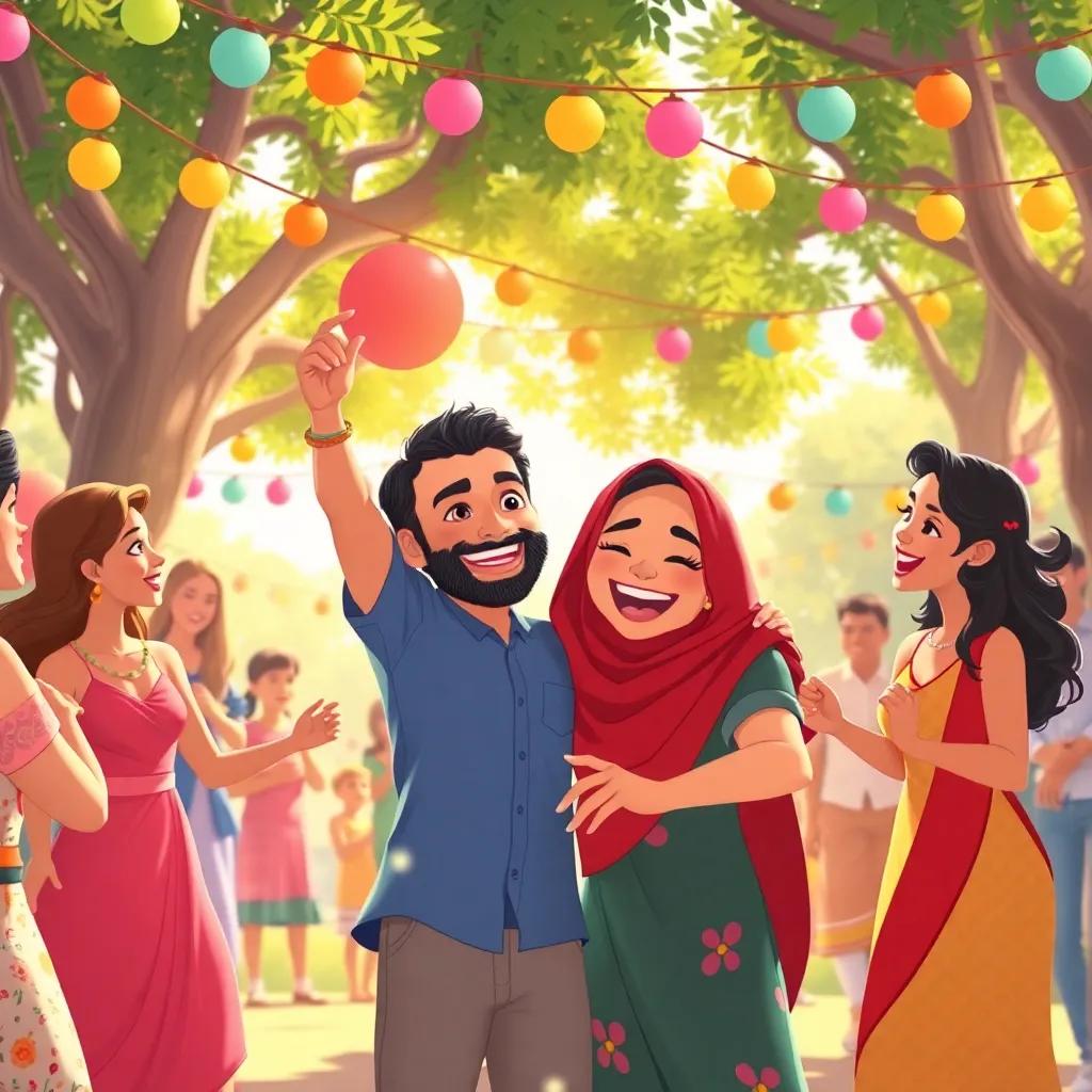 A joyful celebration with friends dancing under trees, Sami Al-Qudaimi smiling with happiness, colorful decorations, bright sunlight, festive atmosphere, illustration, heartwarming, engaging scene