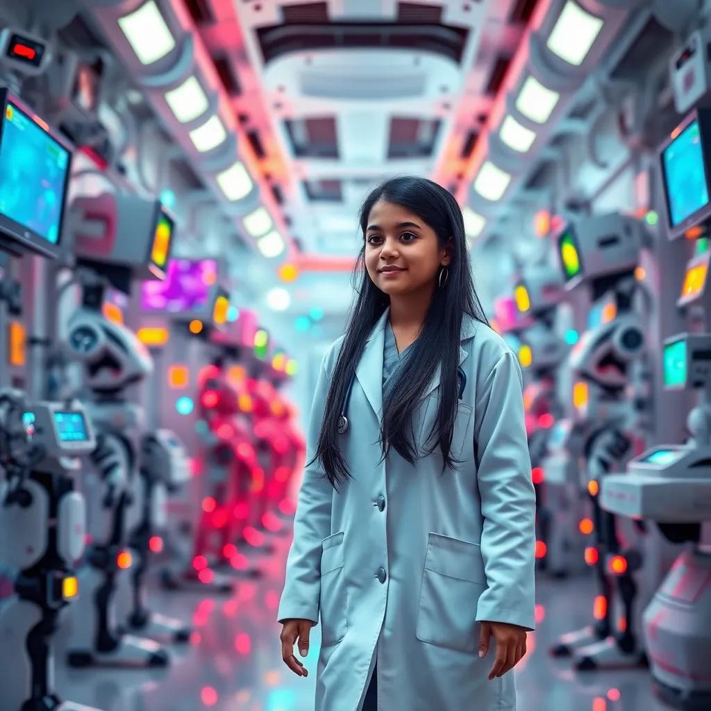 A young Emirati girl, Fatima, with long black hair, wearing a white doctor's coat, walking through a high-tech hospital filled with colorful gadgets and robots, digital art, vibrant colors, futuristic atmosphere, high quality