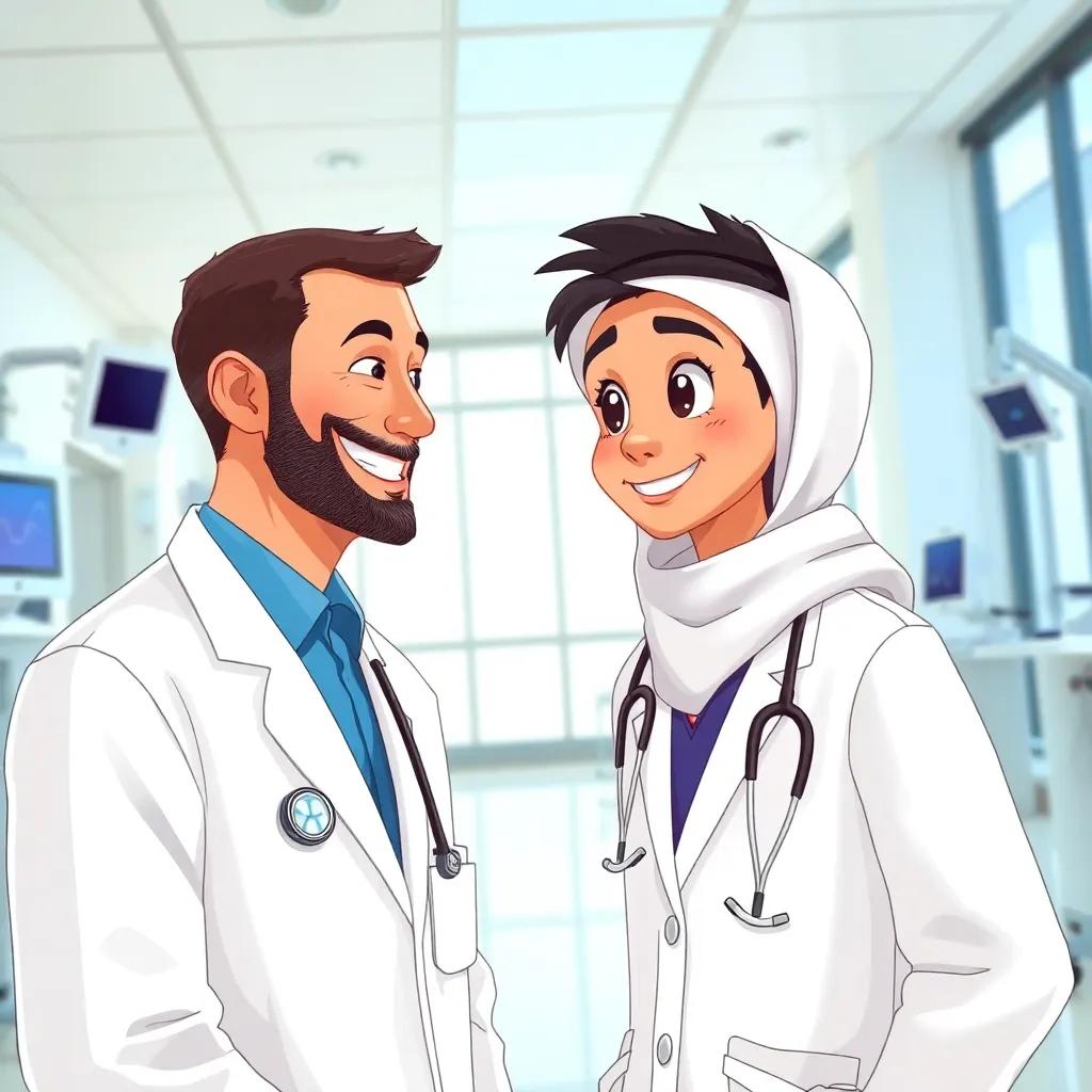 A smiling male doctor talking to Fatima, a young Emirati girl in a doctor's coat, in a bright hospital room with advanced medical equipment and large windows, illustration, hopeful, engaging, child-friendly