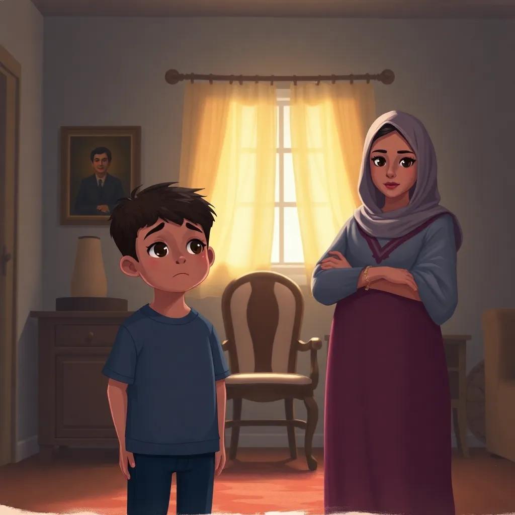 A young boy, Muhammad, with a sad expression, standing in a dimly lit room with a family portrait, and an empty chair indicating loss, while his adoptive mother, Noura, stands confidently beside him, with firm determination in her eyes. Digital painting, poignant lighting, warm yet somber colors, storytelling view.