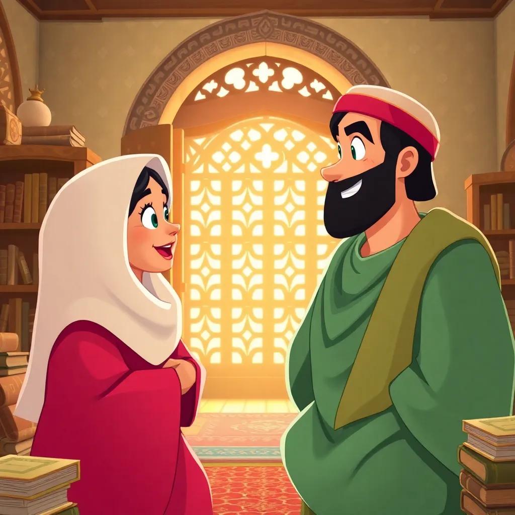 Khadijah and the Prophet Muhammad ﷺ visiting Waraqa bin Nawfal, who has an excited expression, surrounded by books and old manuscripts in a welcoming room, digital art, bright colors, happy and uplifting scene, high quality