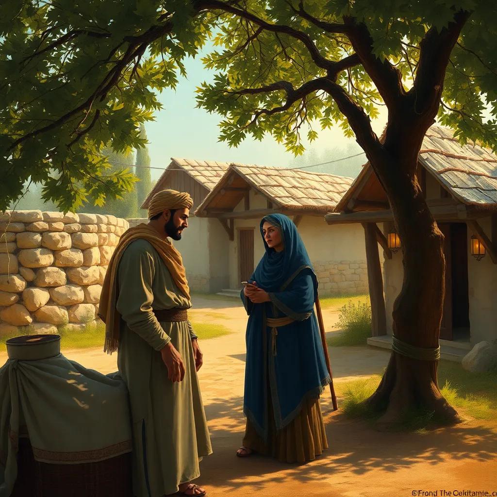A couple, Sami and Leila, in a small village, discussing under a tree, with an air of tension, warm earthy colors, digital art, inviting atmosphere, high quality
