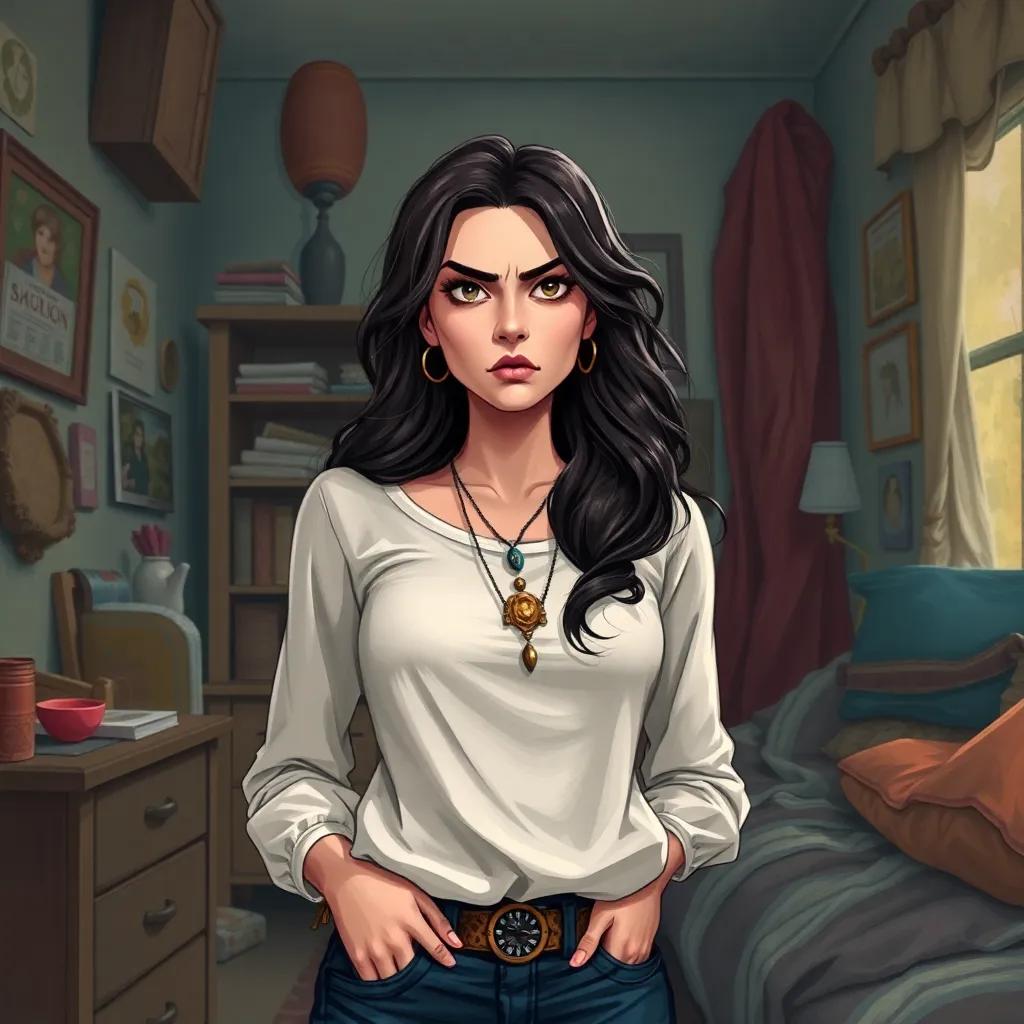 Leila, feeling anger and determination, standing in her room with a focused look, surrounded by personal items, vibrant colors, motivational feel, digital illustration, high quality