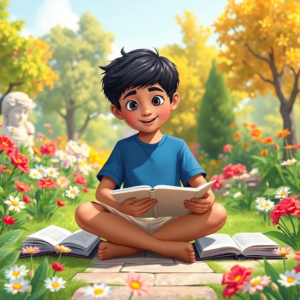 A young Arab boy, Najah, with short black hair wearing a blue t-shirt and beige shorts, sitting cross-legged in a garden filled with flowers and trees, studying with open books around him, bright sunny day, cheerful atmosphere, child-friendly illustration, vibrant colors, digital art