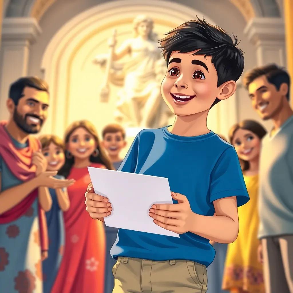 Najah, a young Arab boy with short black hair in a blue t-shirt and beige shorts, holding a letter in his hands, with an expression of joy and surprise, surrounded by family members celebrating in the background, bright and inviting, joyful scene, illustration, colorful and warm light, child-friendly