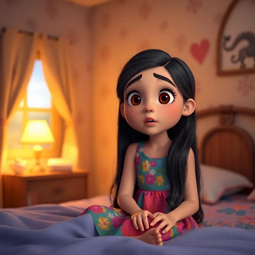 A young Arab girl, Mariam, with long, dark hair, wearing a colorful dress, sitting on her bed in a warm cozy bedroom, surprised expression, soft lighting, serene ambiance, high quality