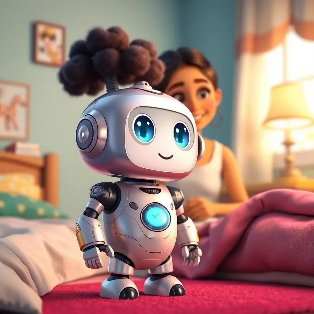 A cute robot named Najah, small and shiny, with a friendly face, standing in the bedroom beside Mariam, displaying enthusiasm and wonder, digital art, bright colors, playful atmosphere, detailed
