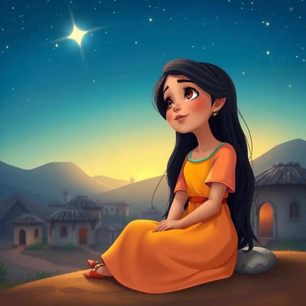 A young Arab girl, Leila, with long, dark hair wearing a bright dress, sitting under a starlit sky in a small village, looking dreamily at the stars, digital art, soft colors, whimsical, high quality