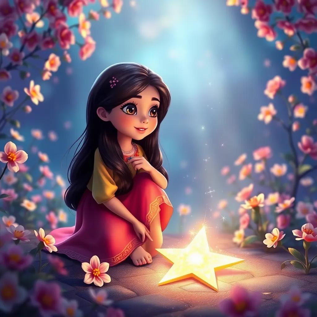 Leila, a young Arab girl, with long, dark hair in a bright dress, kneeling beside a sparkling star fallen on the ground, surrounded by flowers, bright colors, enchanting atmosphere, magical feel, high quality
