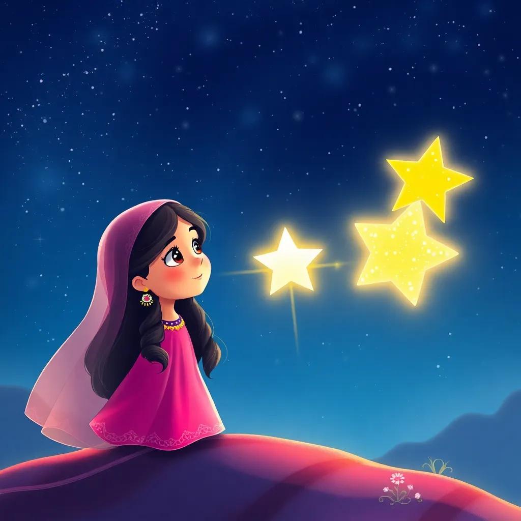 A shimmering star, Star of Dreams, sparkling brightly as it speaks to Leila, a young Arab girl with long, dark hair in a bright dress, the night sky filled with stars above, illustrations, vibrant colors, whimsical, high quality