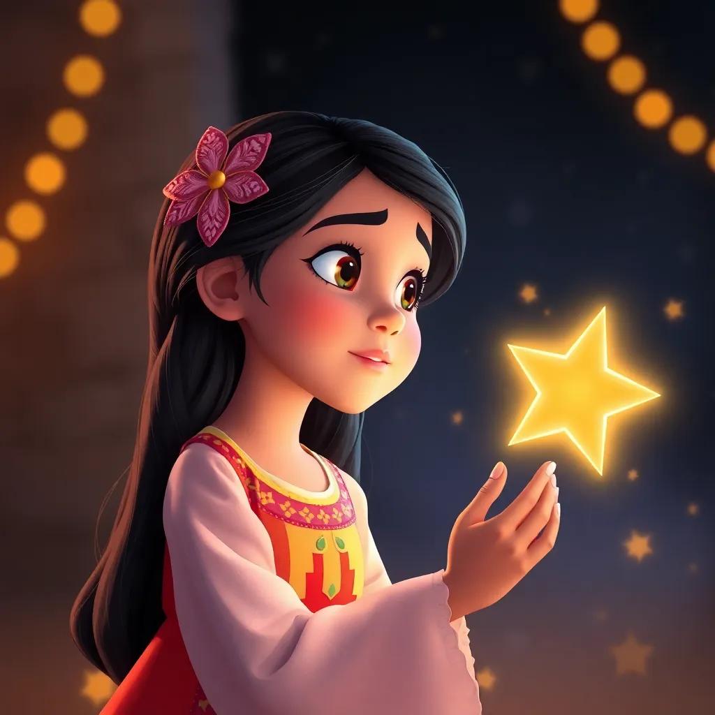 Leila, a young Arab girl with long, dark hair in a bright dress, listening intently to the Star of Dreams, surrounded by a soft glow of light, conveying warmth and hope, dreamy atmosphere, high quality