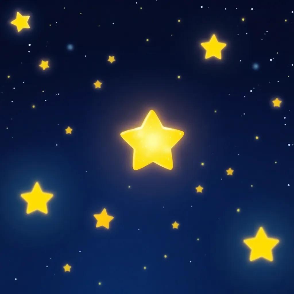 A small star sparkling in a night sky, dreams of becoming a big star, surrounded by smaller stars, glowing softly, digital art, cheerful colors, vast sky, high quality