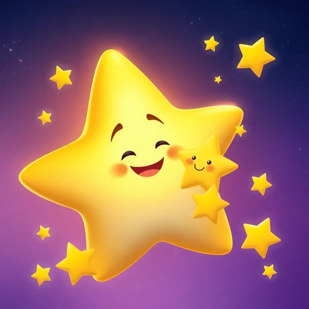 A big star shining brightly, talking to the small star, with a warm smile, surrounded by other stars, giving advice, whimsical style, colorful, heartwarming scene, high quality